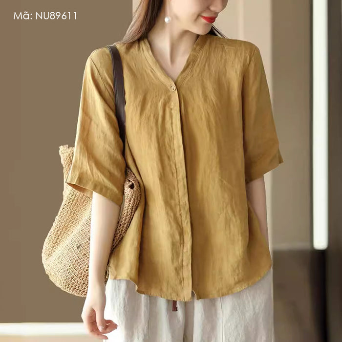 Áo sơ mi linen đơn sắc ngắn tay cổ V kiểu giấu khuy - NU8961