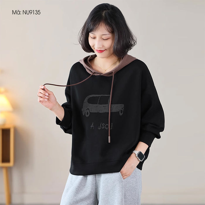 Áo hoodies dài tay in hình ô tô mũ lệch màu - NU9135