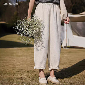 Quần baggy linen lưng thun hai túi chéo tua rua - NU10211
