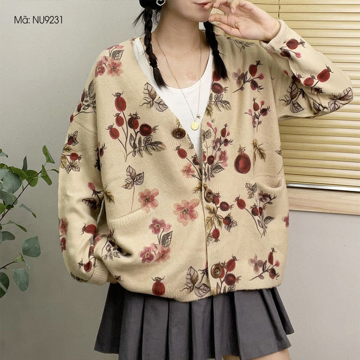 Áo khoác len cardigan dài tay cổ V in hoa lá form rộng - NU9231