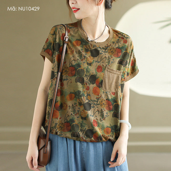 Áo T-shirt ngắn tay cổ tròn in những chiếc ô một túi - NU10429