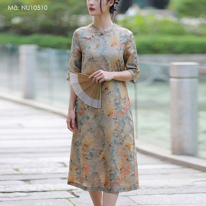 Đầm liền linen ngắn tay cổ tàu in hoa lá liti - NU10510