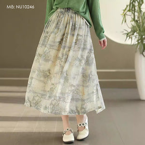 Chân váy linen lưng thun hai lớp in hoa lá - NU10246