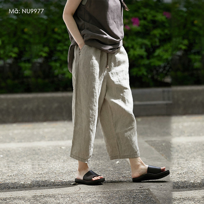 Quần baggy linen lưng thun dây rút ống suông - NU9977