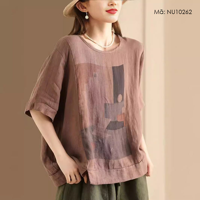 Áo T-shirt linen ngắn tay cổ tròn in hình học - NU10262