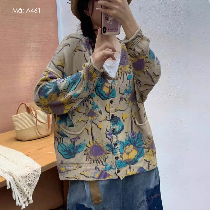 Áo khoác len cashmere dài tay cổ V in hoa lá hai túi - A461