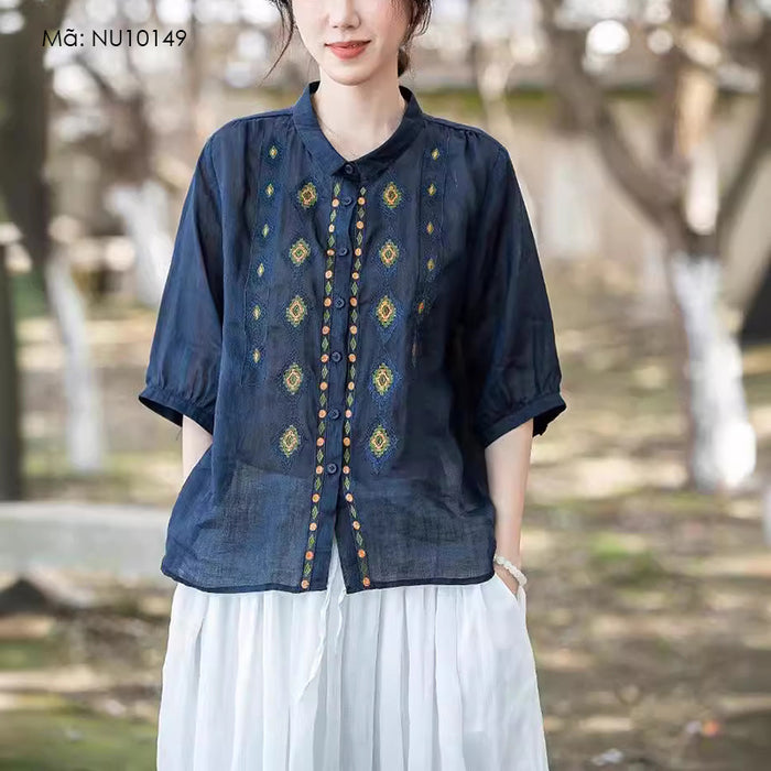 Áo sơ mi linen ngắn tay cổ pipi thêu những hình thoi - NU10149