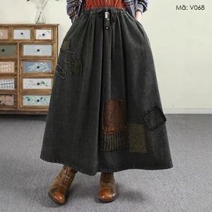 Chân váy denim lưng thun dây rút hai túi chéo - V068