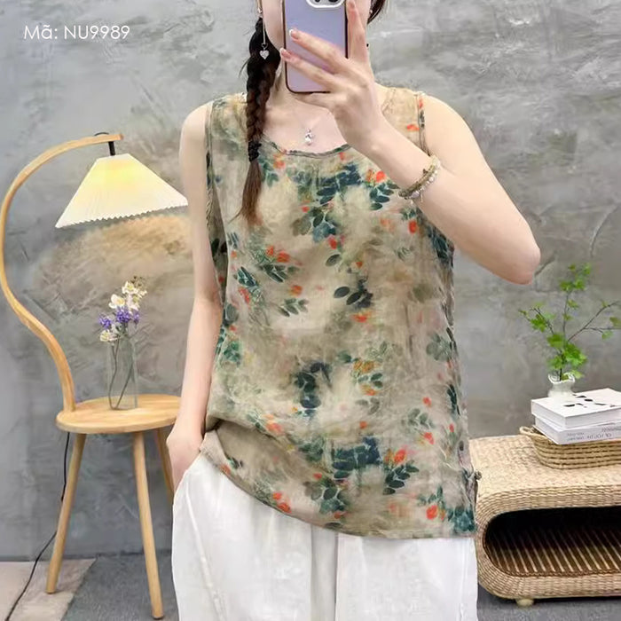 Áo T-shirt linen sát nách cổ tròn in hoa lá - NU9989