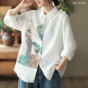 Áo sơ mi linen dài tay in trừu tượng - A1534