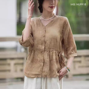 Áo sơ mi linen ngắn tay cổ V eo thắt dây in hoa lá đồng màu - NU9918