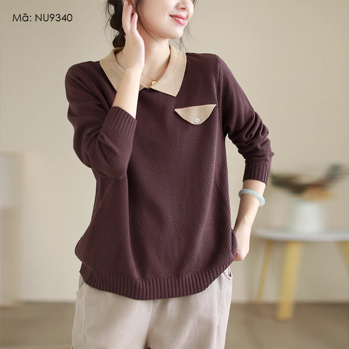 Áo len đan dài tay cổ pipi lệch màu - NU9340