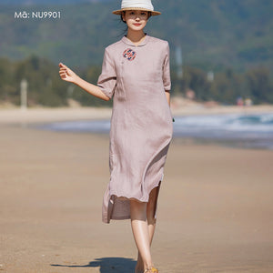 Đầm liền linen ngắn tay cổ tròn cánh sen thêu retro - NU9901