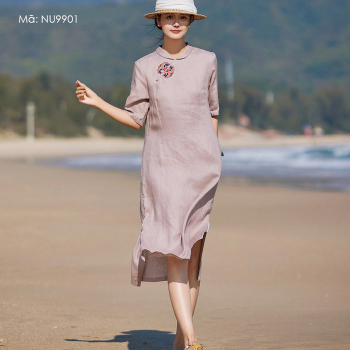 Đầm liền linen ngắn tay cổ tròn cánh sen thêu retro - NU9901