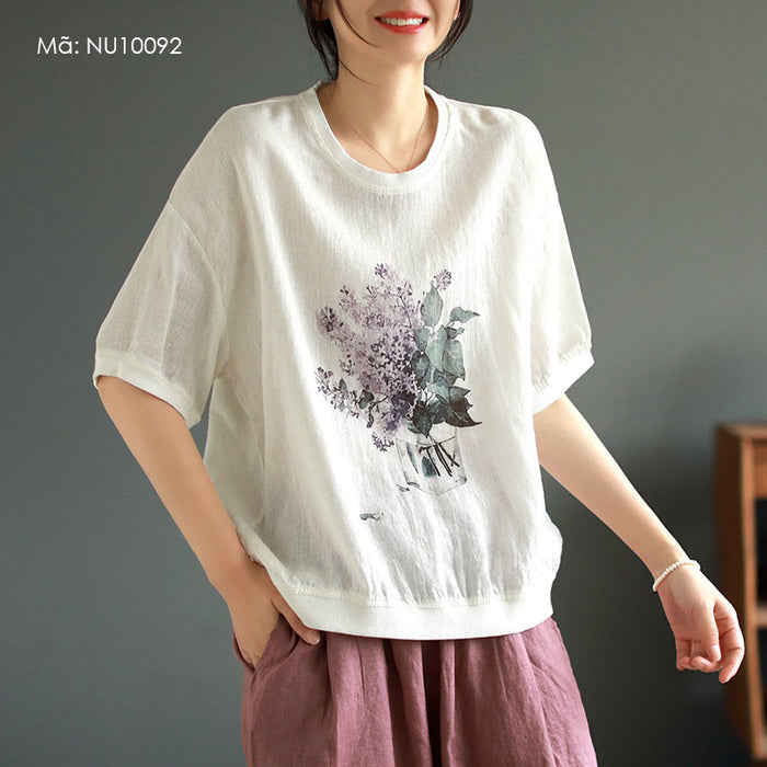 Áo T-shirt linen ngắn tay cổ tròn in mai xanh - NU10092