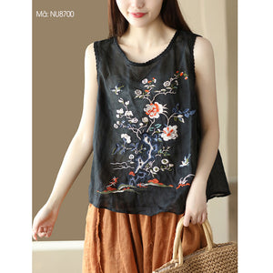Áo T-shirt linen sát nách cổ tròn thêu tranh - NU8700