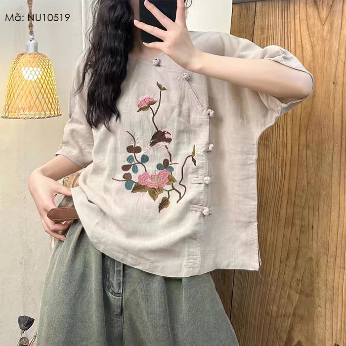Áo sơ mi linen ngắn tay cổ tròn vạt lệch khuy tàu - NU10519