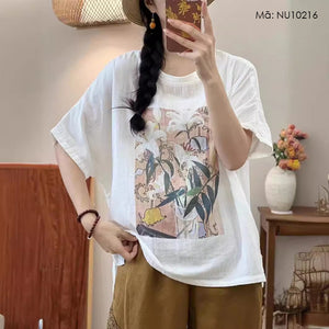 Áo T-shirt linen ngắn tay cổ tròn in hoa bách hợp - NU10216