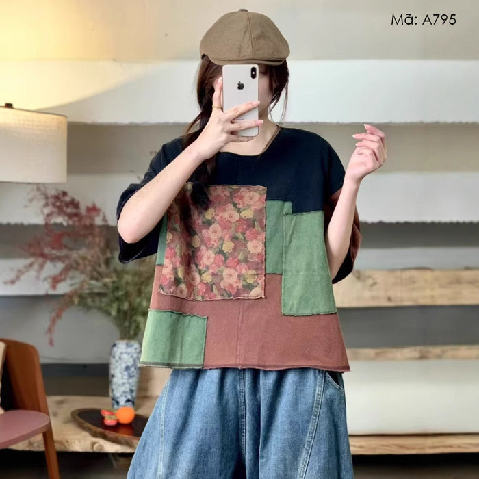 Áo T-shirt ngắn tay cổ tròn kiểu chắp vá màu sắc - A795