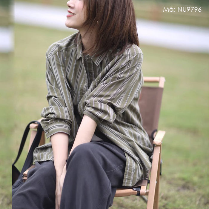Áo sơ mi linen dài tay cổ đức kẻ sọc hai túi - NU9796
