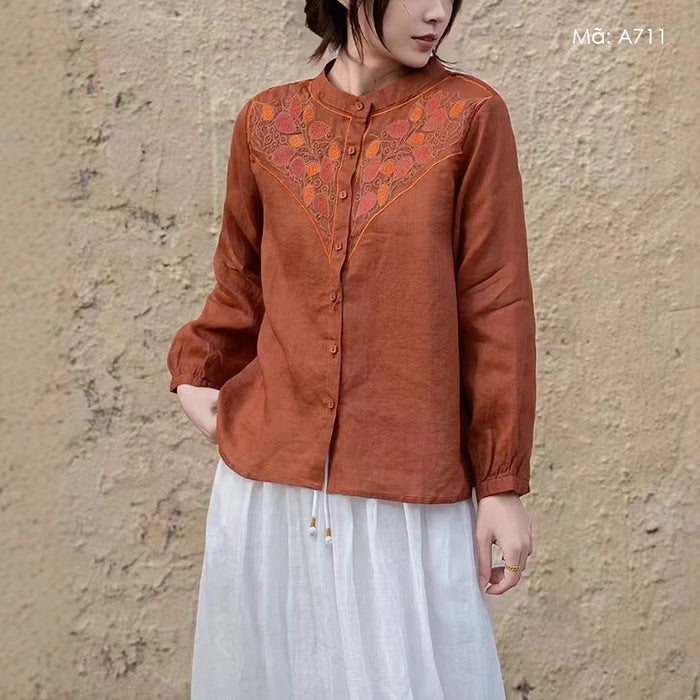 Áo sơ mi linen dài tay cổ đứng thêu hoa lá trái tim - A711