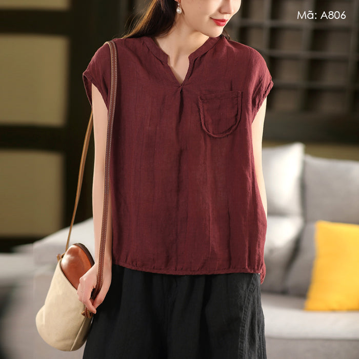 Áo sơ mi linen sát nách cổ trái tim một túi - A806