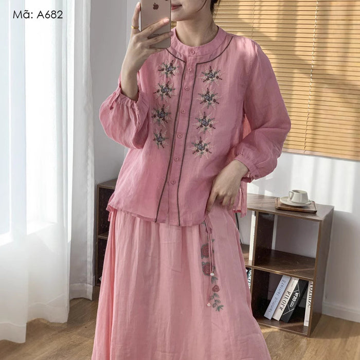 Áo sơ mi linen dài tay cổ tròn thêu những bông sao - A682