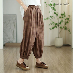 Quần baggy linen lưng thun ống bo chun kẻ caro - NU10265