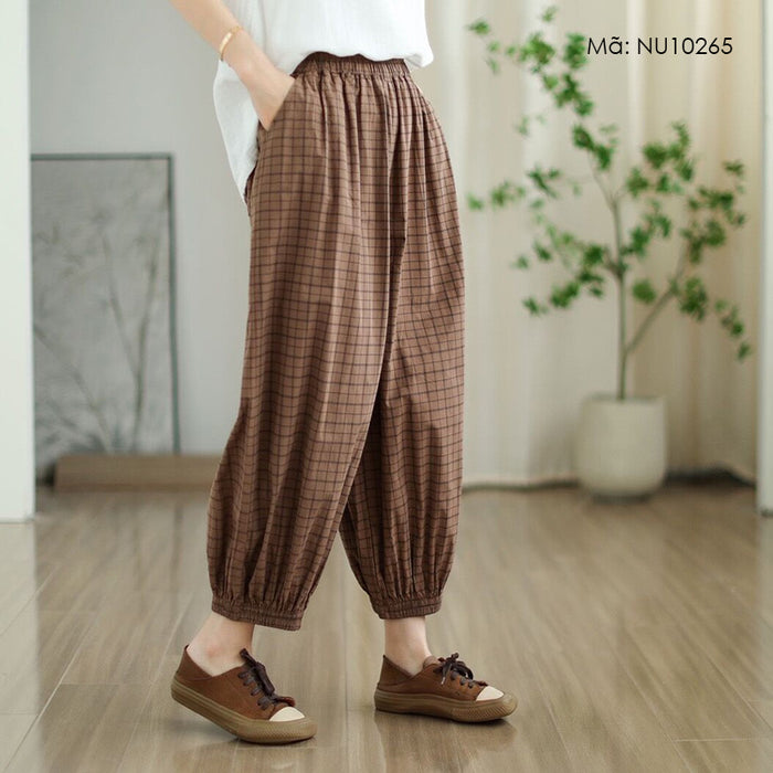 Quần baggy linen lưng thun ống bo chun kẻ caro - NU10265