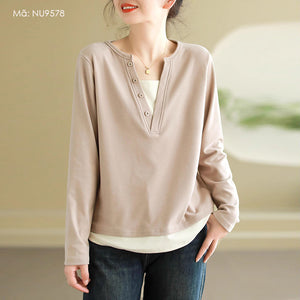 Áo T-shirt dài tay cổ V đính khuy kiểu hai lớp - NU9578