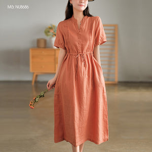 Đầm liền linen ngắn tay cổ V xếp ly đối xứng - NU8686