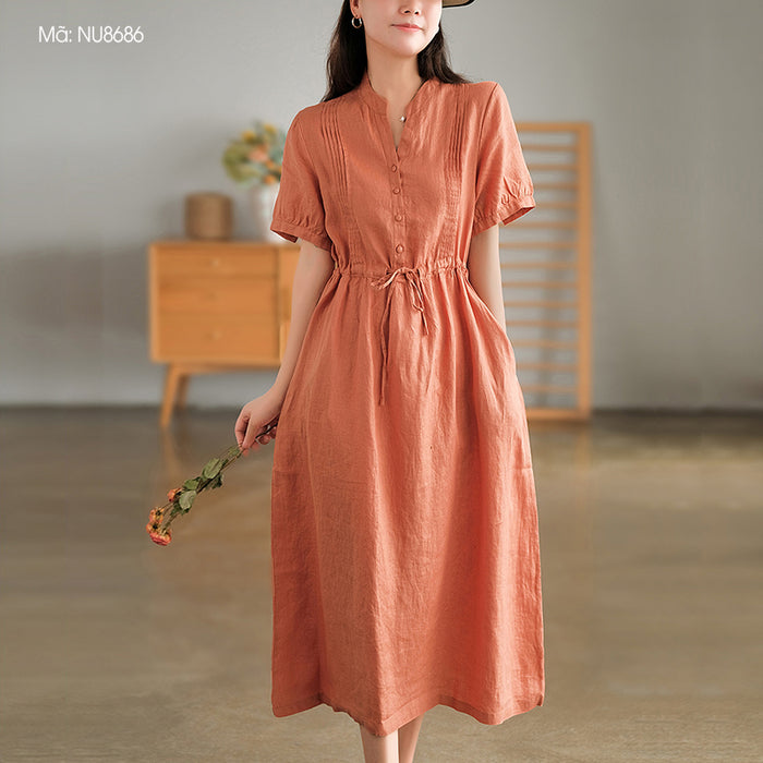 Đầm liền linen ngắn tay cổ V xếp ly đối xứng - NU8686