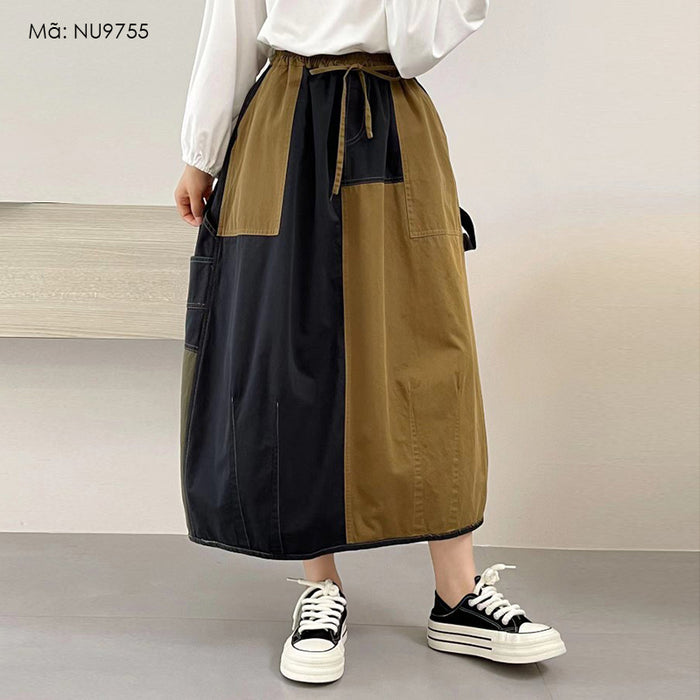 Chân váy retro lưng thun dây rút hai mảng màu - NU9755
