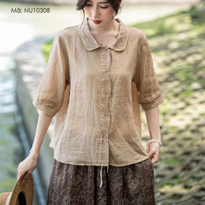 Áo sơ mi linen ngắn tay cổ cánh sen thêu hoa văn retro - NU10308