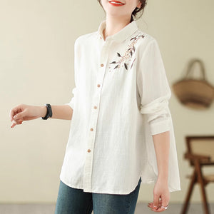 Áo sơ mi linen dài tay cổ pipi thêu nhành hoa - NU9249