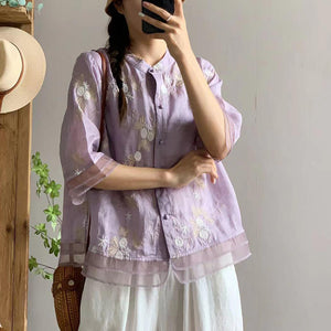 Áo sơ mi linen Organza ngắn tay cổ đứng thêu hoa lá - NU10138