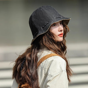 Mũ denim retro vành rộng dây rút - M018