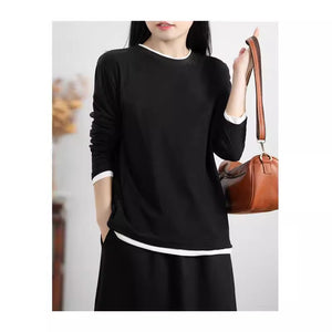 Áo T-shirt nỉ dài tay cổ tròn phối màu đơn sắc - NU9343