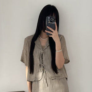 Áo sơ mi linen ngắn tay cổ vest cột dây - NU9842