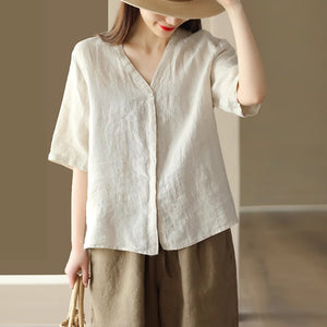 Áo sơ mi linen đơn sắc ngắn tay cổ V kiểu giấu khuy - NU8961