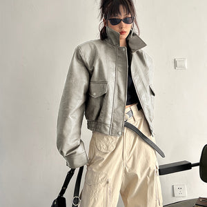 Áo khoác da jacket dài tay cổ đức hai túi - A369