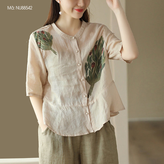 Áo sơ mi linen ngắn tay cổ tàu in hoa lá retro khuy tròn - NU8854