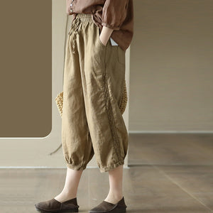 Quần baggy linen lưng thun dây rút thêu ren hai bên - NU7479