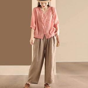 Áo sơ mi linen ngắn tay cổ V thêu mùa hè - NU10043
