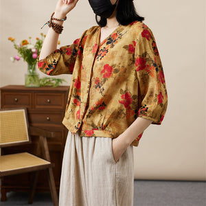 Áo sơ mi tay lửng cổ V in hoa văn retro - NU8555