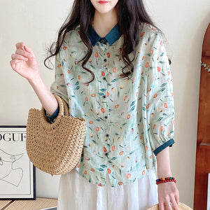 Áo sơ mi linen ngắn tay cổ pipi in hoa tulip sắc màu - NU8544