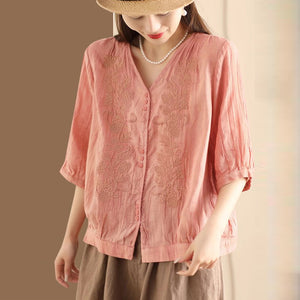 Áo sơ mi linen ngắn tay cổ V thêu mùa hè - NU10043