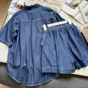 Bộ đồ denim gồm quần sooc và áo sơ mi ngắn tay cổ đức - NU8682