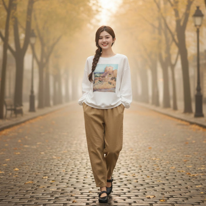 Áo T-shirt dài tay cổ tròn in bức tranh - A268