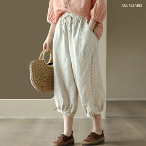 Quần baggy linen lưng thun dây rút thêu ren hai bên - NU7479